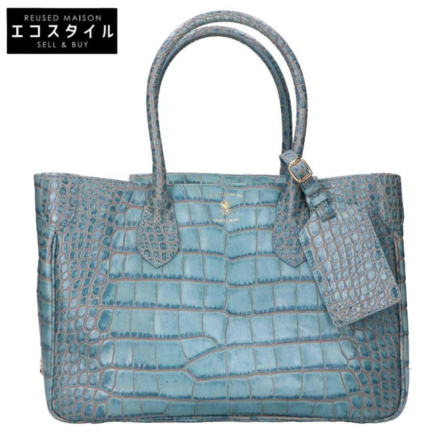 未使用級】A.D.M.J クロコ型押し ネイビー ゴールド金具 2WAYバッグ 美  