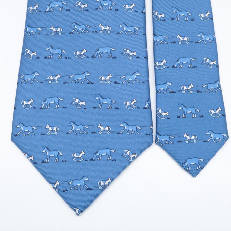 美品 HERMES エルメス 7894MA ホース柄 シルク ネクタイ ブルー メンズ