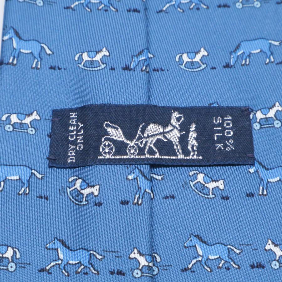 美品 HERMES エルメス 7894MA ホース柄 シルク ネクタイ ブルー メンズ