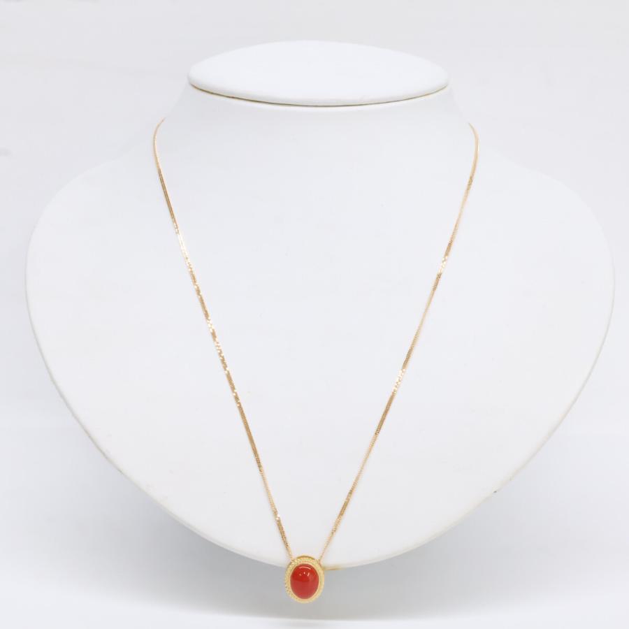 美品 QVC K18 血赤珊瑚オーバルトップ ネックレス レディース
