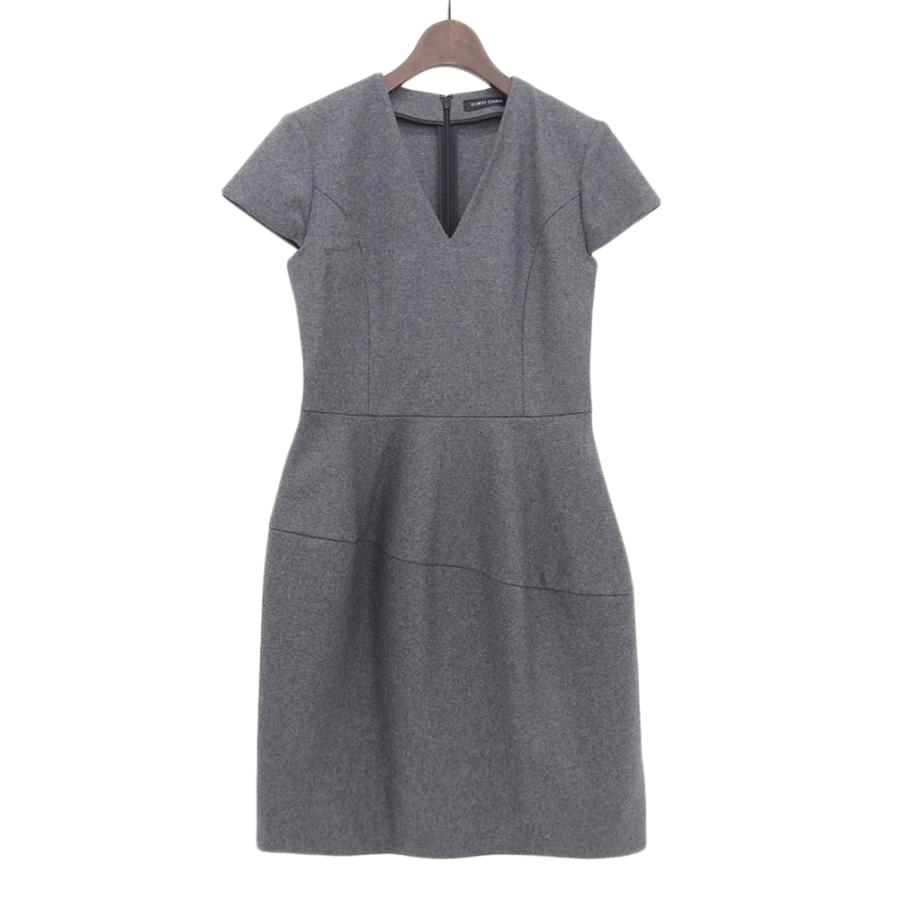 ヨーコチャン　半袖ワンピース　膝丈　上品　きれいめ　ウール　秋　冬　Vネック 美品 YOKO CHAN ヨーコチャン Vネック ワンピース レディース グレー
