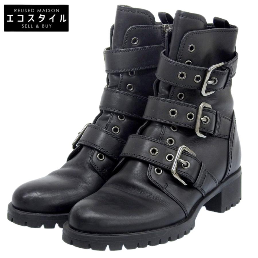 PRADA プラダ 3ベルト レザー コンバットブーツ ブラック 37 1/2 