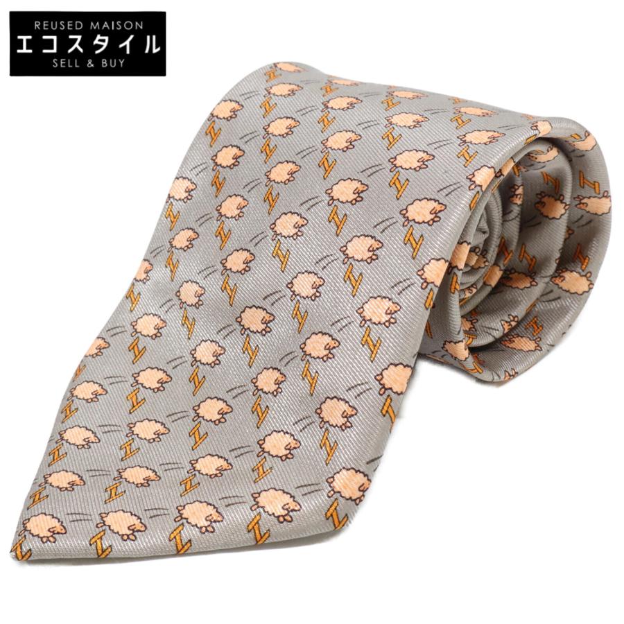 美品 HERMES エルメス 005273MA シープ 総柄 シルク ネクタイ シルバー