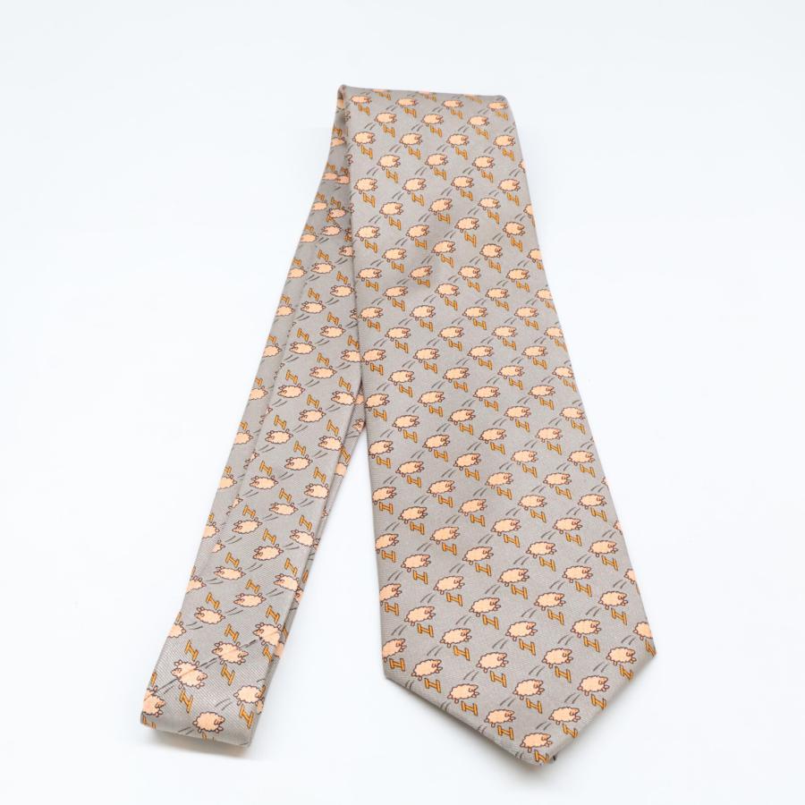 美品 HERMES エルメス 005273MA シープ 総柄 シルク ネクタイ シルバー