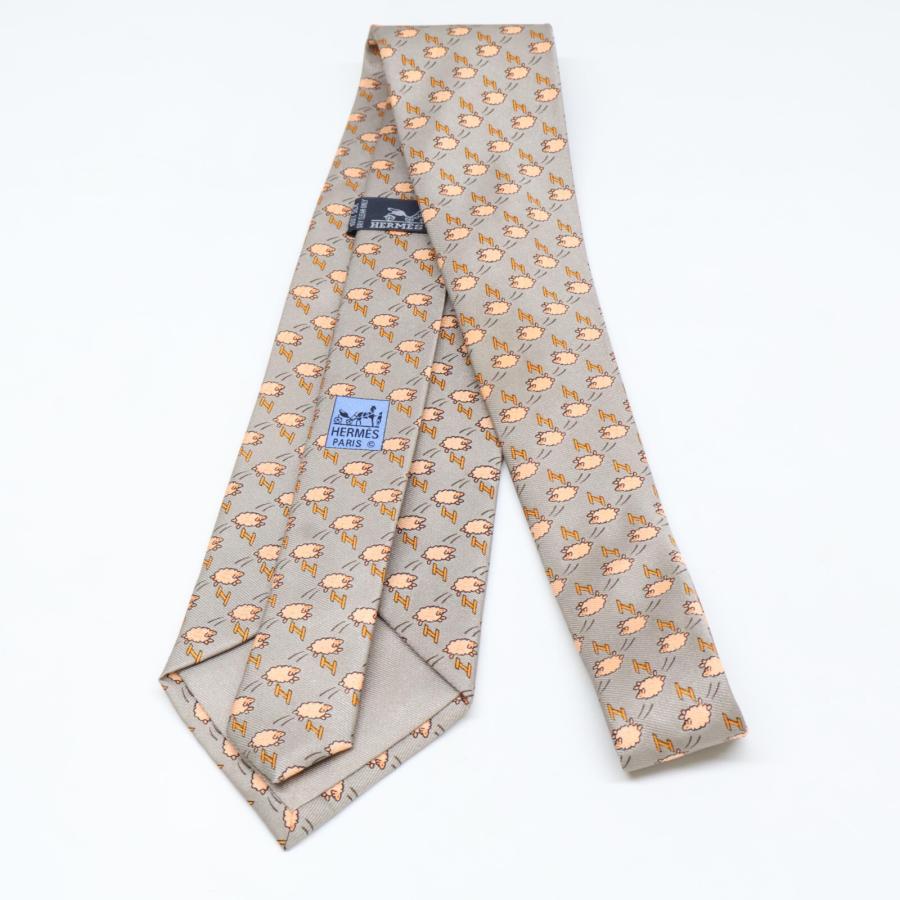 美品 HERMES エルメス 005273MA シープ 総柄 シルク ネクタイ シルバー