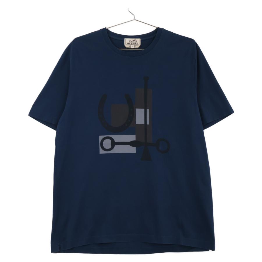 エルメスHERMES Tシャツ HERMES エルメス コットン100% プリント Tシャツ トップス M ネイビー