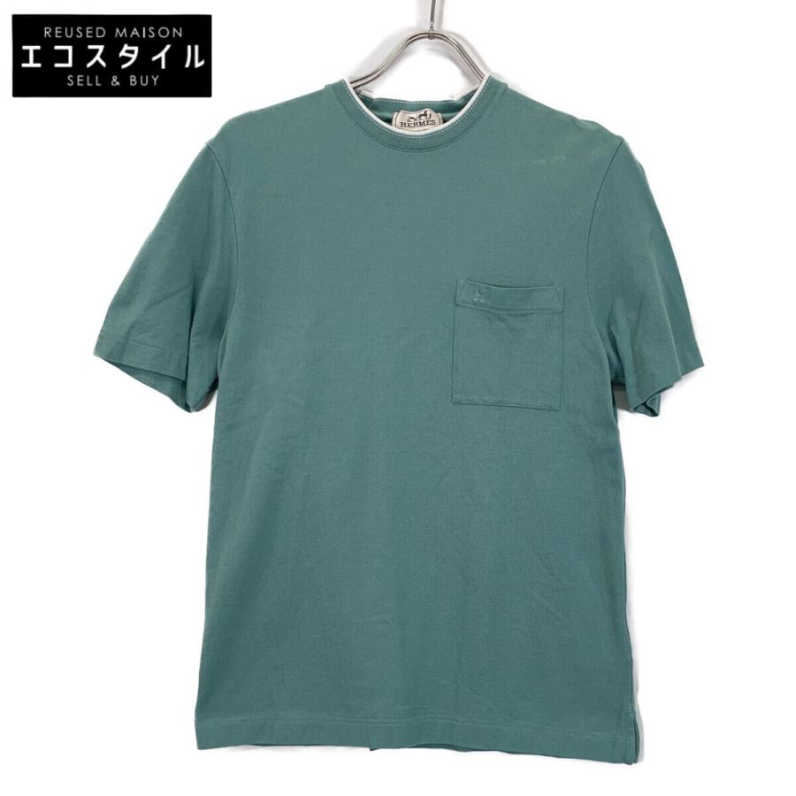 【美品】HERMÈS 半袖Tシャツ エルメス HERMES エルメス ライトブルー H刺繍 半袖Tシャツ ライトグリーン XS