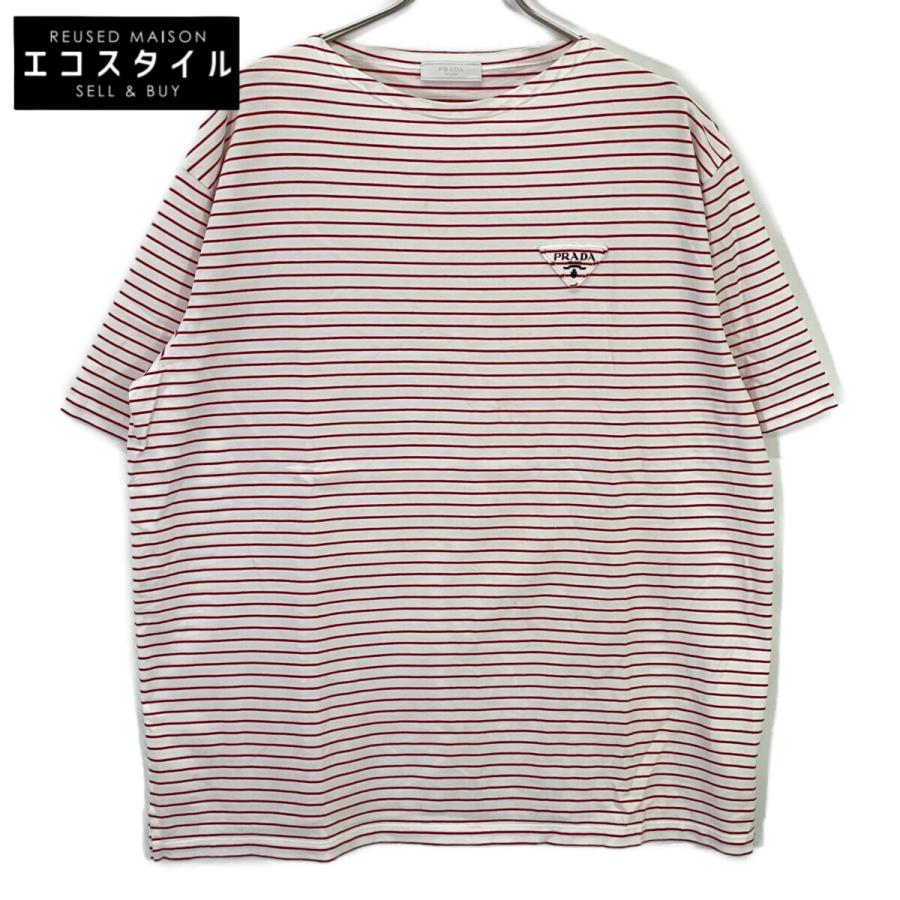 PRADA プラダ 21年 UJN814 ホワイト×レッド ボーダー 三角ロゴ オーバーサイズTシャツ XS PRADA（プラダ） 21年 UJN814 ホワイト×レッド ボーダー 三角ロゴ