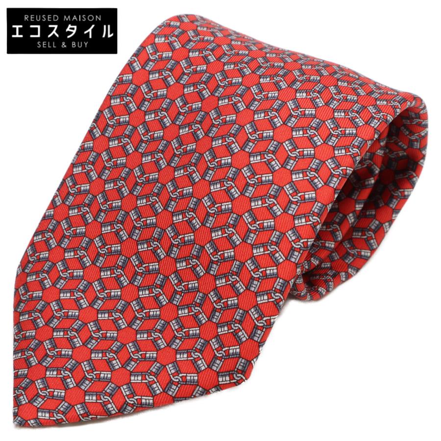 美品 HERMES エルメス 605850IA カデナ柄 シルク100% ネクタイ レッド