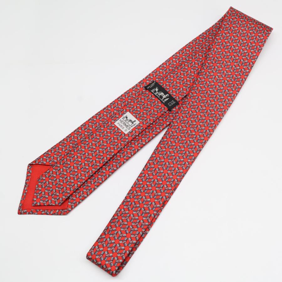 美品 HERMES エルメス 605850IA カデナ柄 シルク100% ネクタイ レッド