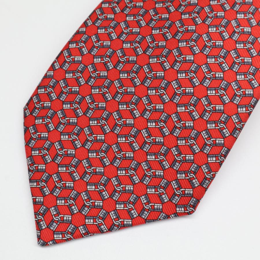 美品 HERMES エルメス 605850IA カデナ柄 シルク100% ネクタイ レッド