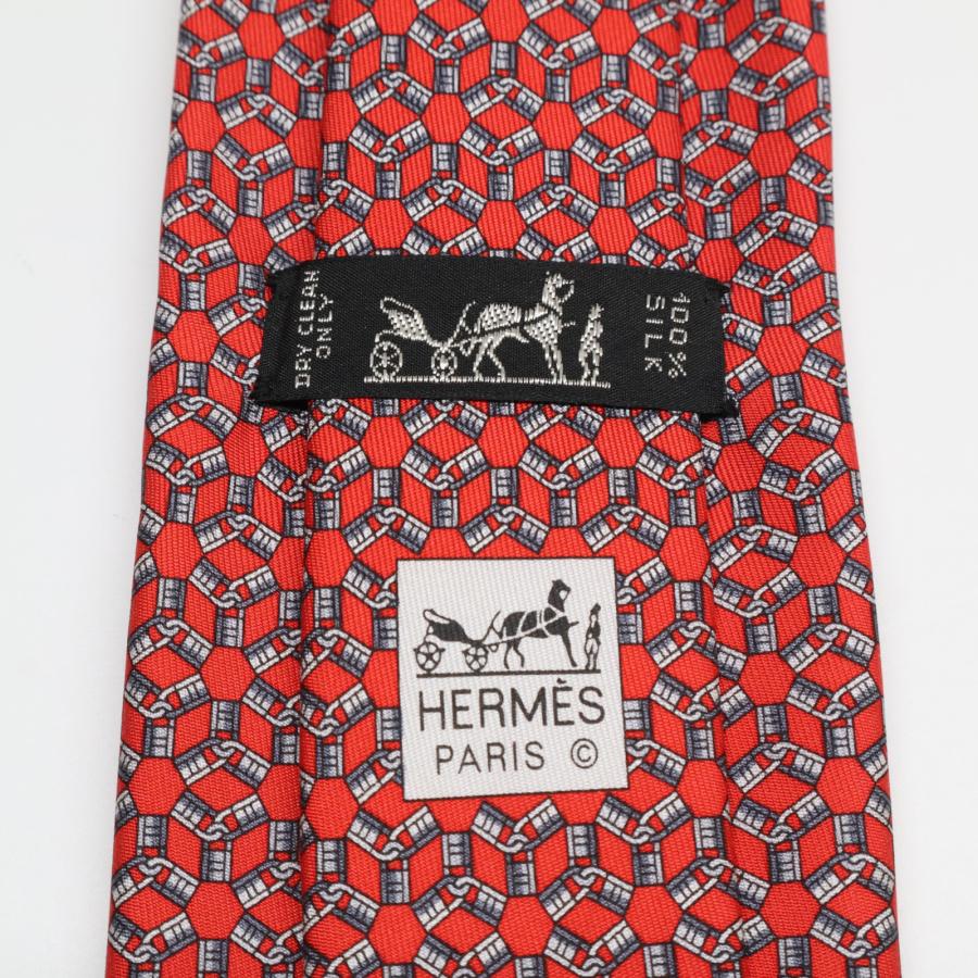 美品 HERMES エルメス 605850IA カデナ柄 シルク100% ネクタイ レッド