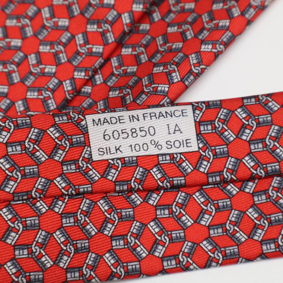 美品 HERMES エルメス 605850IA カデナ柄 シルク100% ネクタイ レッド