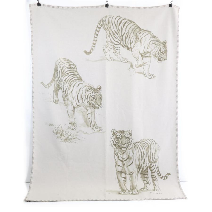 美品 HERMES エルメス カシミヤ100 タイガー ブランケット グレーx