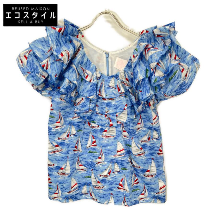 ジェイエヌハーツ 25SS ヨット柄フリルブラウス 半袖 F ブルー ジェイエヌハーツ J.N.Hearts 25SS ヨット柄フリルブラウス 半袖 F
