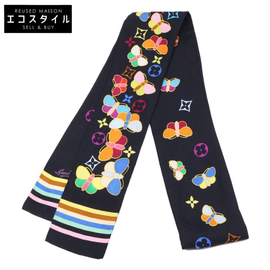 LOUIS VUITTON シルクスカーフ 黒/白 ルイヴィトンバンドー モノグラム コンフィデンシャル 黒/白