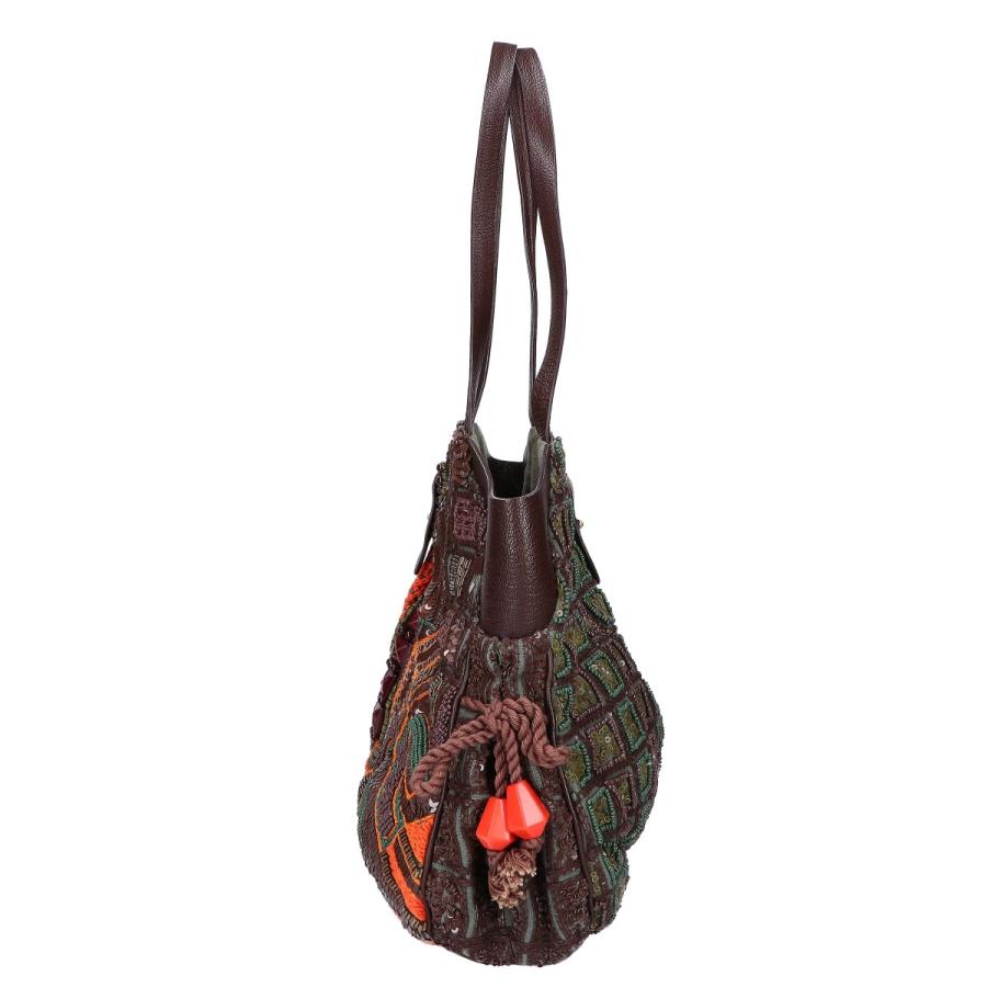 美品 ジャマンピュエッシュ 装飾 ハンドバッグ 本革×コットン 天然石 ビーズ 美品 JAMIN PUECH ジャマンピュエッシュ ビーズ/スパンコール装飾