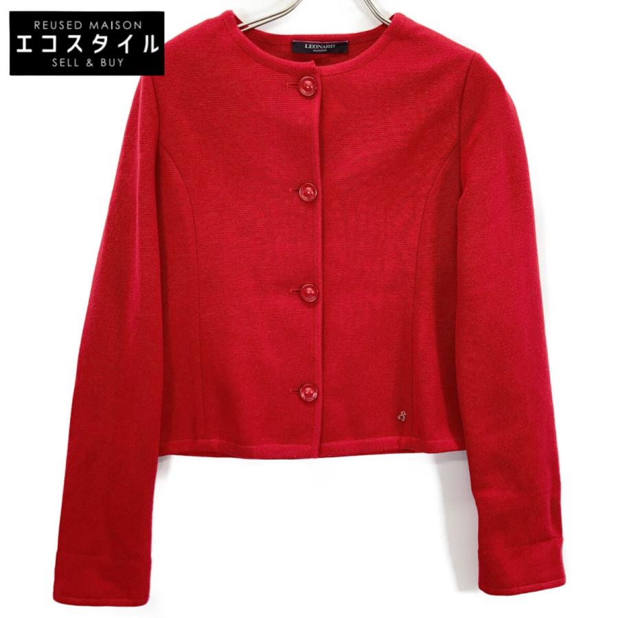LEONARD（レオナール） 赤 ノーカラー ジャージー ジャケット レッド