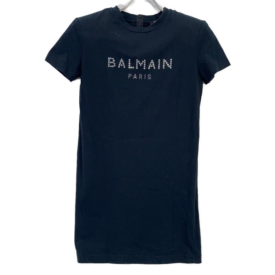 BALMAIN バルマン ブラック BKUXV001 ラインストーンロゴ 半袖Tシャツ ブラック 140 トップス コットン キッズ 中古_1