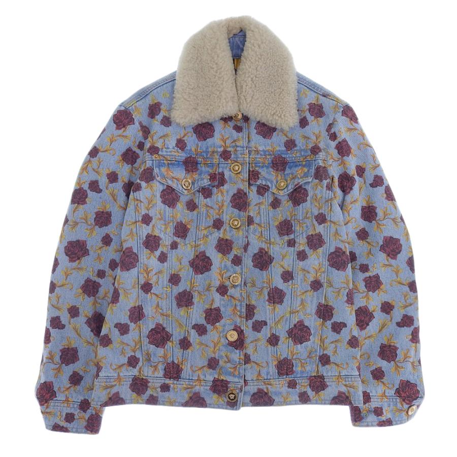 VERSACE ヴェルサーチ デニムジャケット ローズプリント 襟ボア