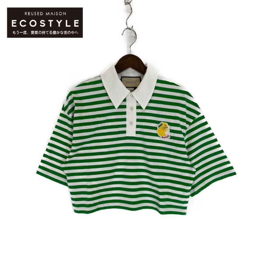 グッチ☆ロゴ半袖シャツ　ポロシャツ ワッペン　エンブレム　トップス　ボーダー　S グッチ GUCCI ロゴ刺繍 エンブレム ハーフジップ トリム 半袖シャツ