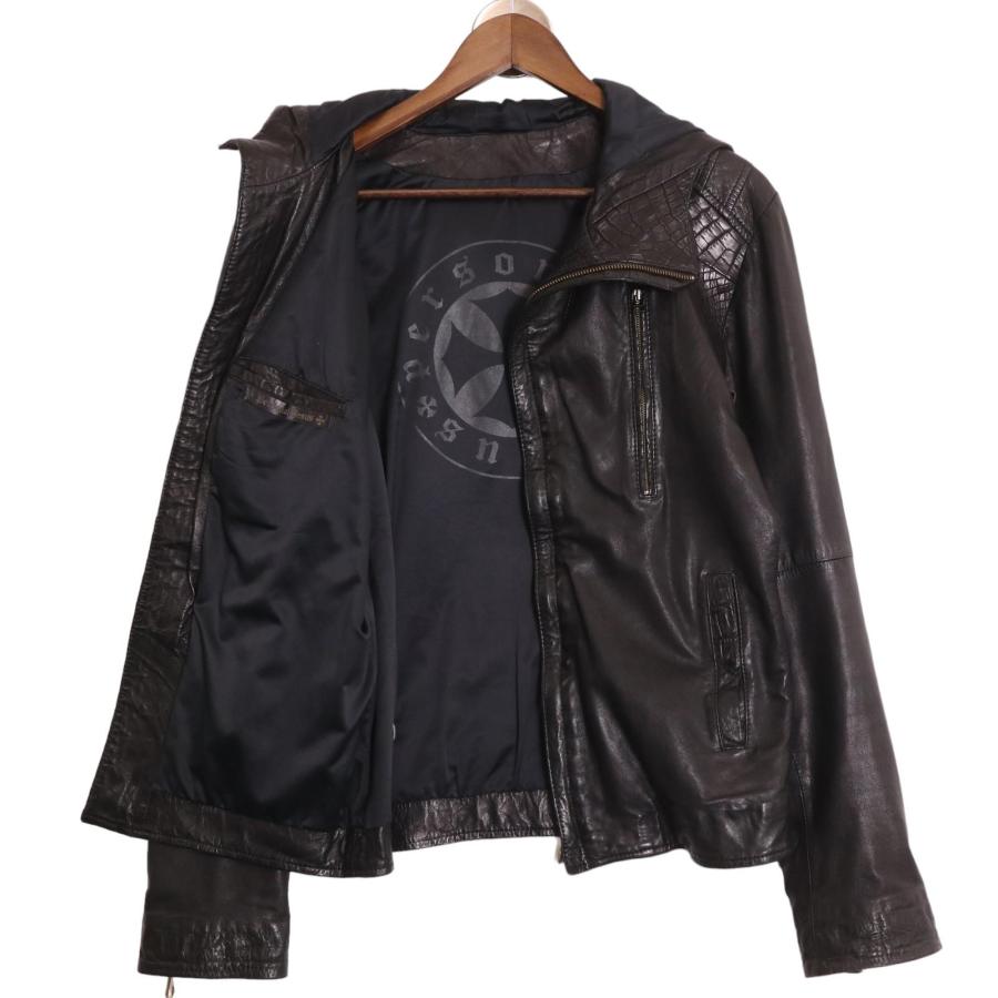 14th Addictionレザージャケット フード付き 14th Addiction クロスジップ フード レザー ライダースジャケット