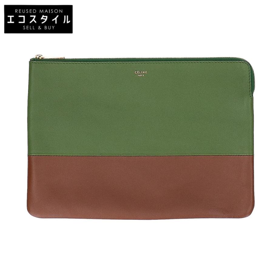 CELINE セリーヌ バイカラー レザー クラッチバッグ グリーン/ブラウン 