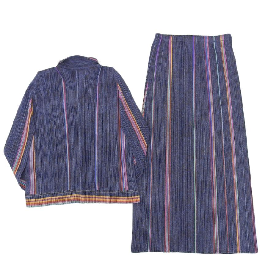 プリーツプリーズ 美品 PLEATS PLEASE プリーツプリーズ デニム風 ストライプ セットアップ レディース インディゴ 3 4 PP53-JD761/JG764 3 美品 PLEATS PLEASE プリーツプリーズ デニム風 ストライプ