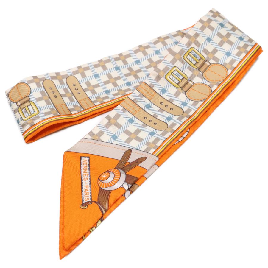 エルメス ツイリー オレンジと白のシルクスカーフ シルク100 新品同様 HERMES エルメス 馬車の変遷 シルク100% ツイリー スカーフ