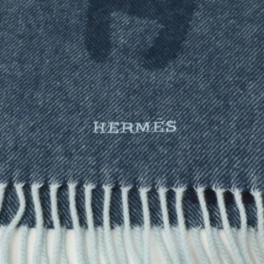 【美品】エルメス　カシミヤ100 フリンジ　マフラー　ブルー HERMES エルメス ショール ストール マフラー ロゴ刺繍 無地 カシミヤ