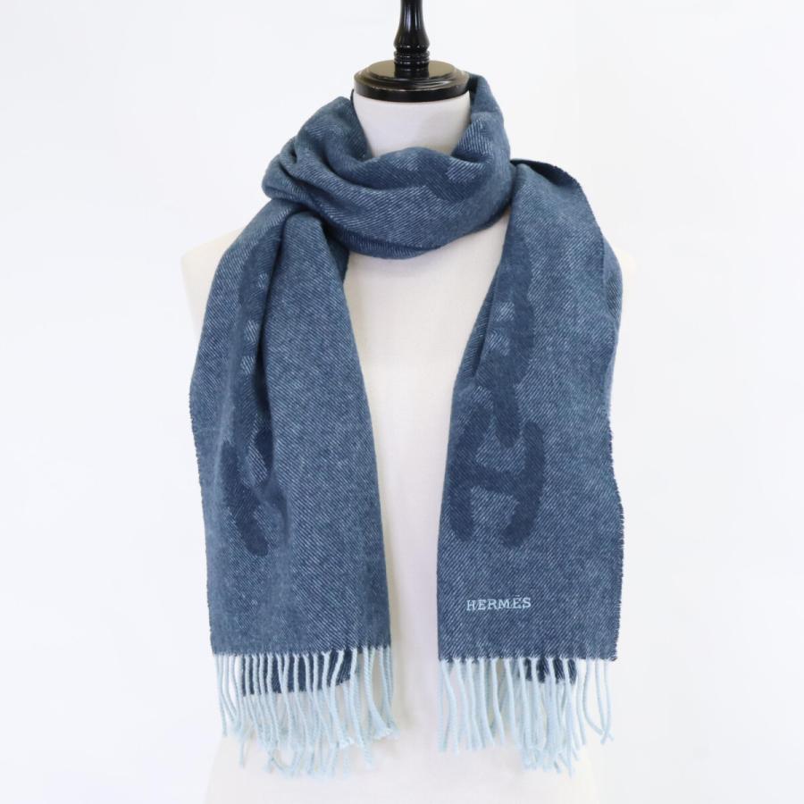 HERMES エルメス ロゴ刺繍 クレイジーチェーン カシミヤ フリンジ