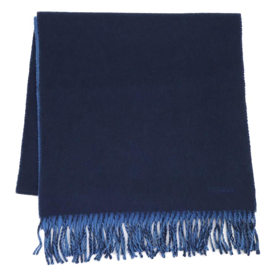 HERMES エルメス ロゴ刺繍 カシミヤ フリンジ リバーシブル マフラー