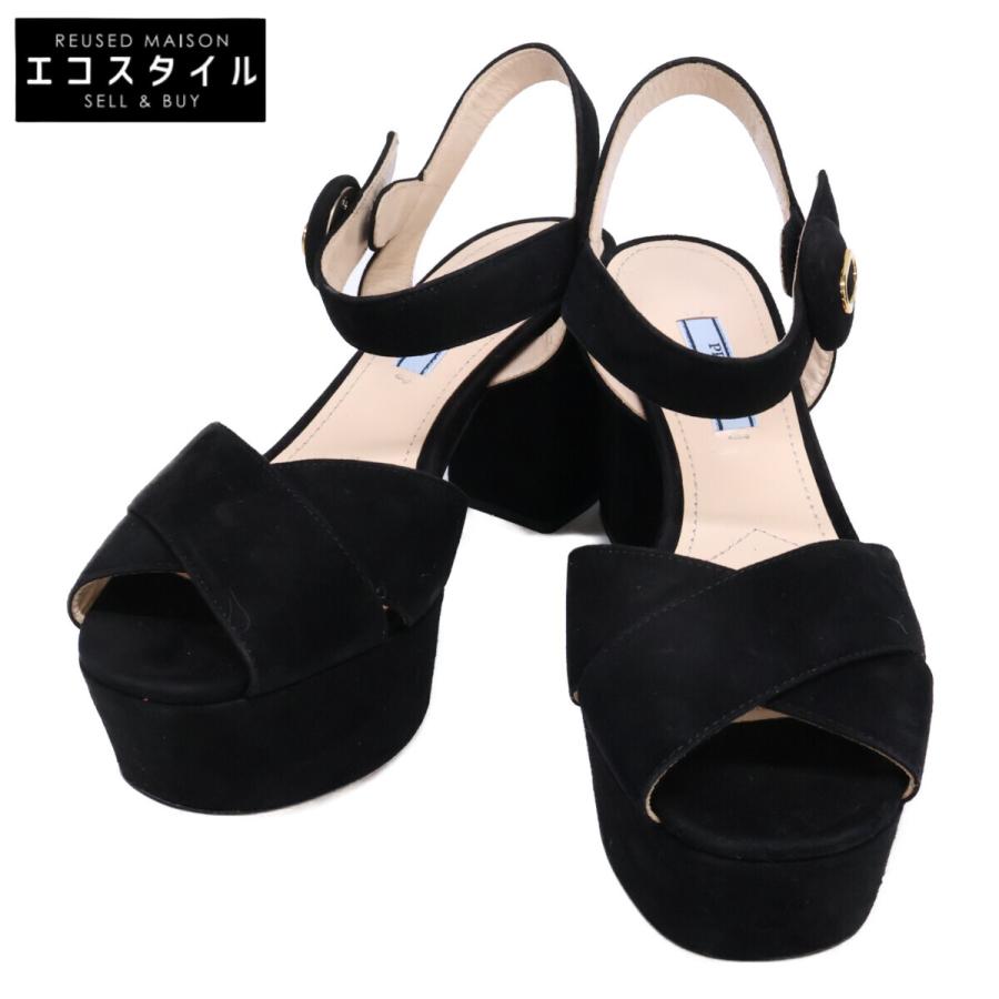 新品PRADA ステッチ￼スエード￼サンダル ブラック 1XX583 37 PRADA（プラダ） 新品同様/ 95537 1XP985 スエード チャンキーヒール