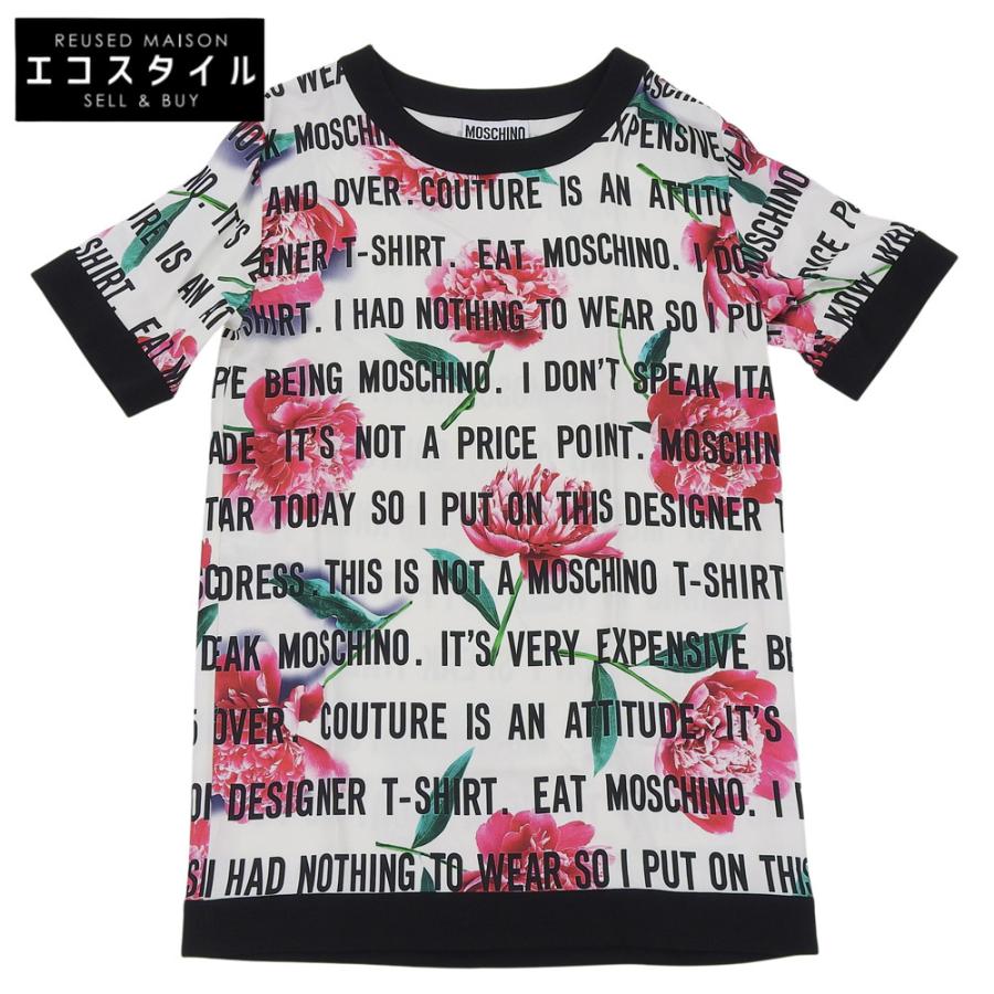 モスキーノ 美品 フローラル ドレス Tシャツ トップス レディース ホワイト×ブラック 42 42 MOSCHINO（モスキーノ） 美品 フローラル ドレス Tシャツ トップス