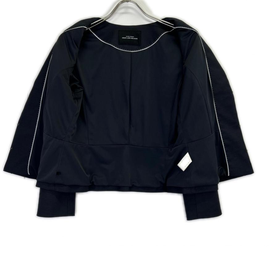 【美品】グリーンレーベルリラクシング パンツスーツ ノーカラージャケット L 青 green label relaxing（グリーンレーベルリラクシング） ノーカラー