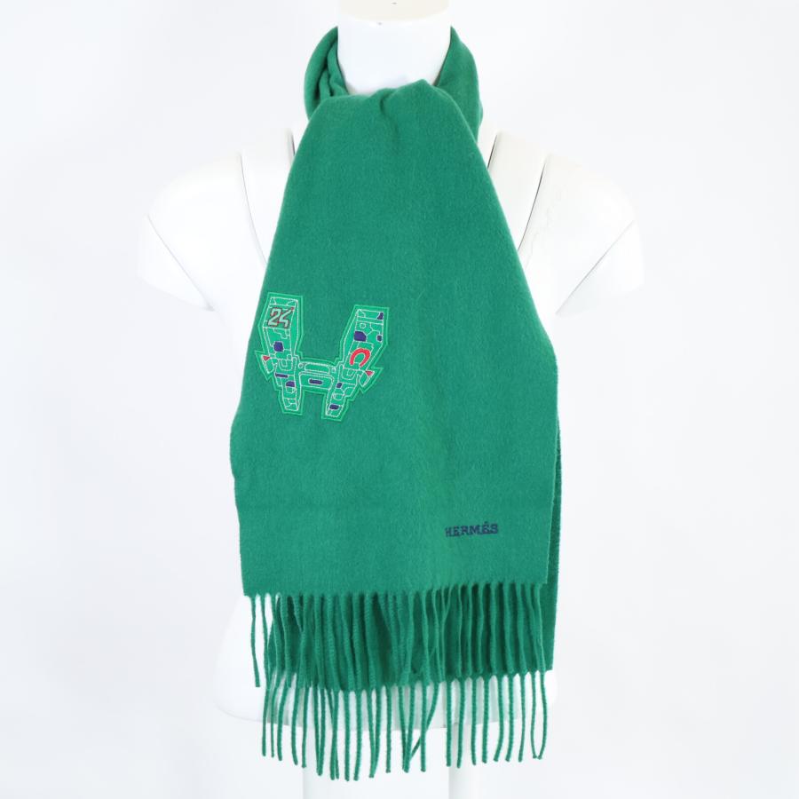 HERMES エルメス ワッペン付 カシミヤ フリンジ マフラー グリーン  