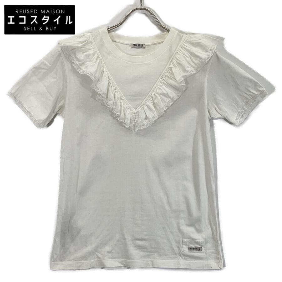 訳あり ミュウミュウ miumiu レディース トップス ブラウス 半袖 フリル襟 Tシャツ S ホワイト 白 レディース MIU MIU（Tシャツ(半袖/袖なし)）のフリマアイテム一覧