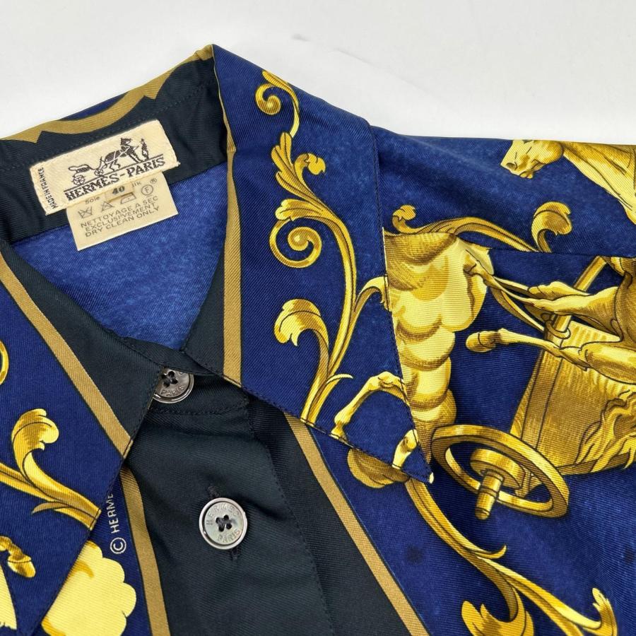 HERMES エルメス 80年代 シルク100 馬車 長袖シャツ 40