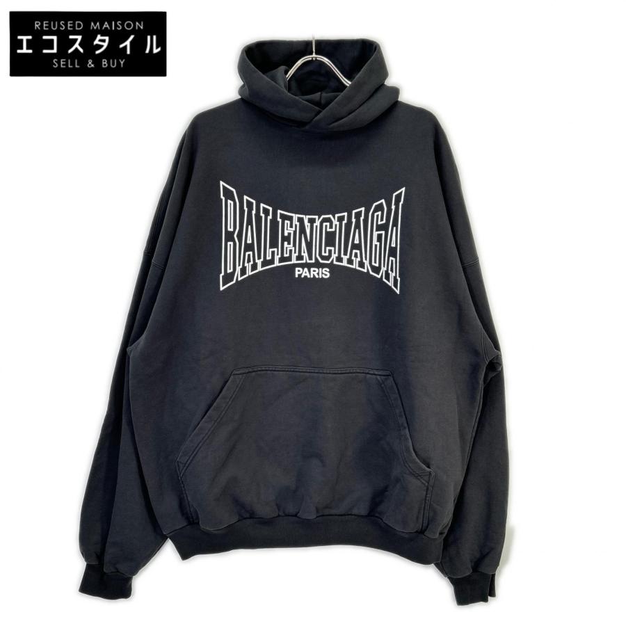 BALENCIAGA バレンシアガ 24AW 803265 ブラック ロゴ ヴィンテージ プリント プルオーバー パーカー XS BALENCIAGA（バレンシアガ） 24AW 803265 ブラック ロゴ ヴィンテージ