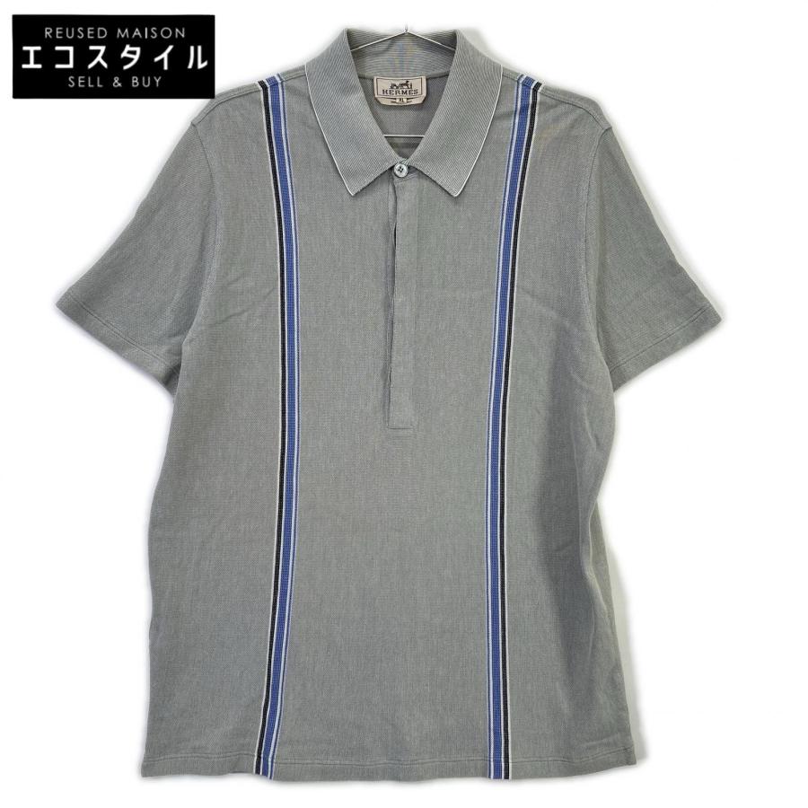 HERMES エルメス sw090 ネイビー コットン100% 半袖ポロシャツ グレー