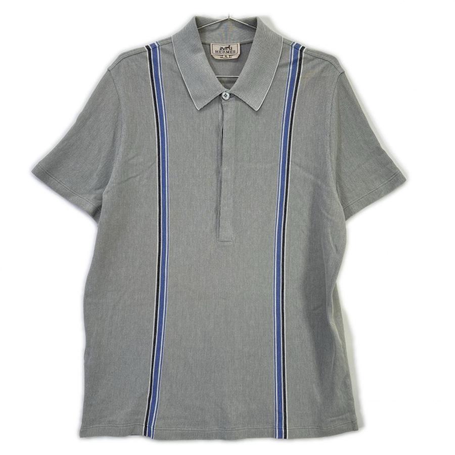 HERMES エルメス sw090 ネイビー コットン100% 半袖ポロシャツ グレー