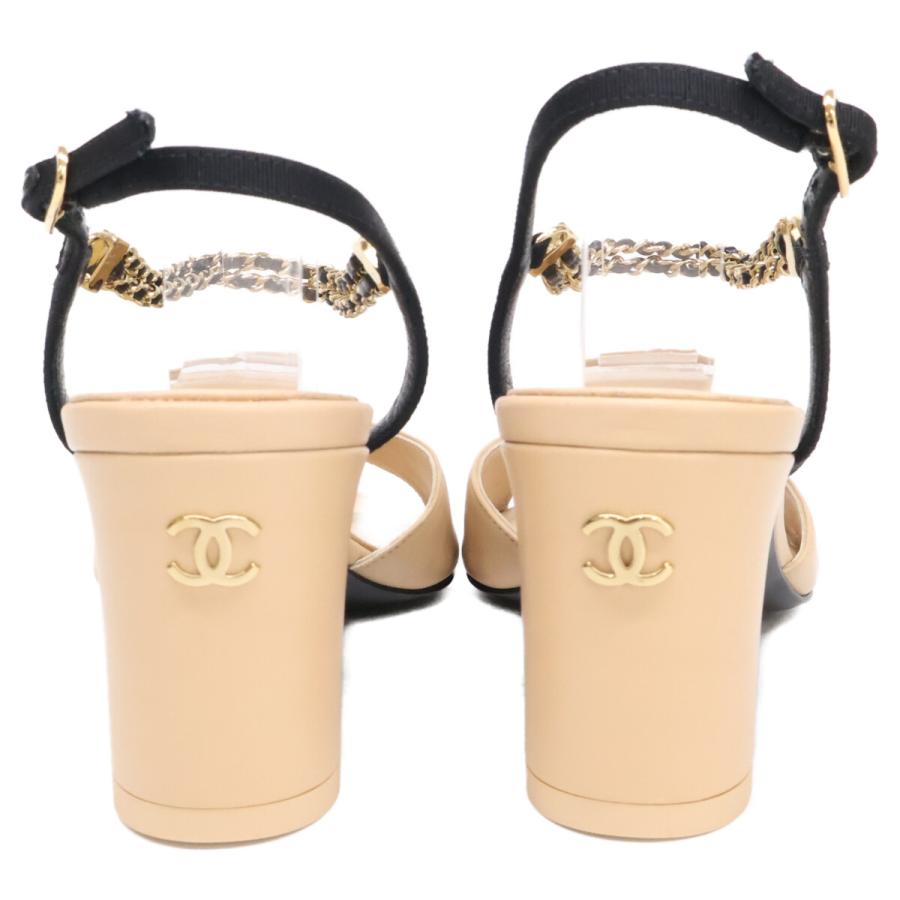 新品同様 CHANEL シャネル 23A G45094 ココマーク アンクルストラップ 2連チェーン ミュール35 ベージュ/ブラック レディースの画像