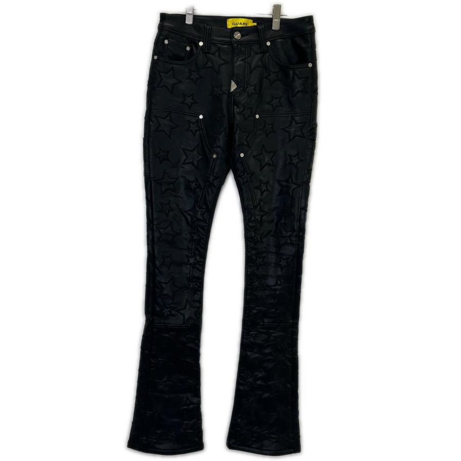 あ*な様 GUAPI ブラック デニム パンツ 32インチ GUAPI グアピ ブラック レザー スター ダブルニー パンツ 32 ボトムス