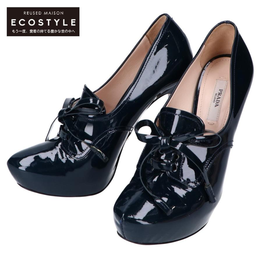 高評価 レースアップリボン パテントレザー プラダ Prada パンプス レディース ダークネイビー 1 2 36 シューズ Cleannow Com