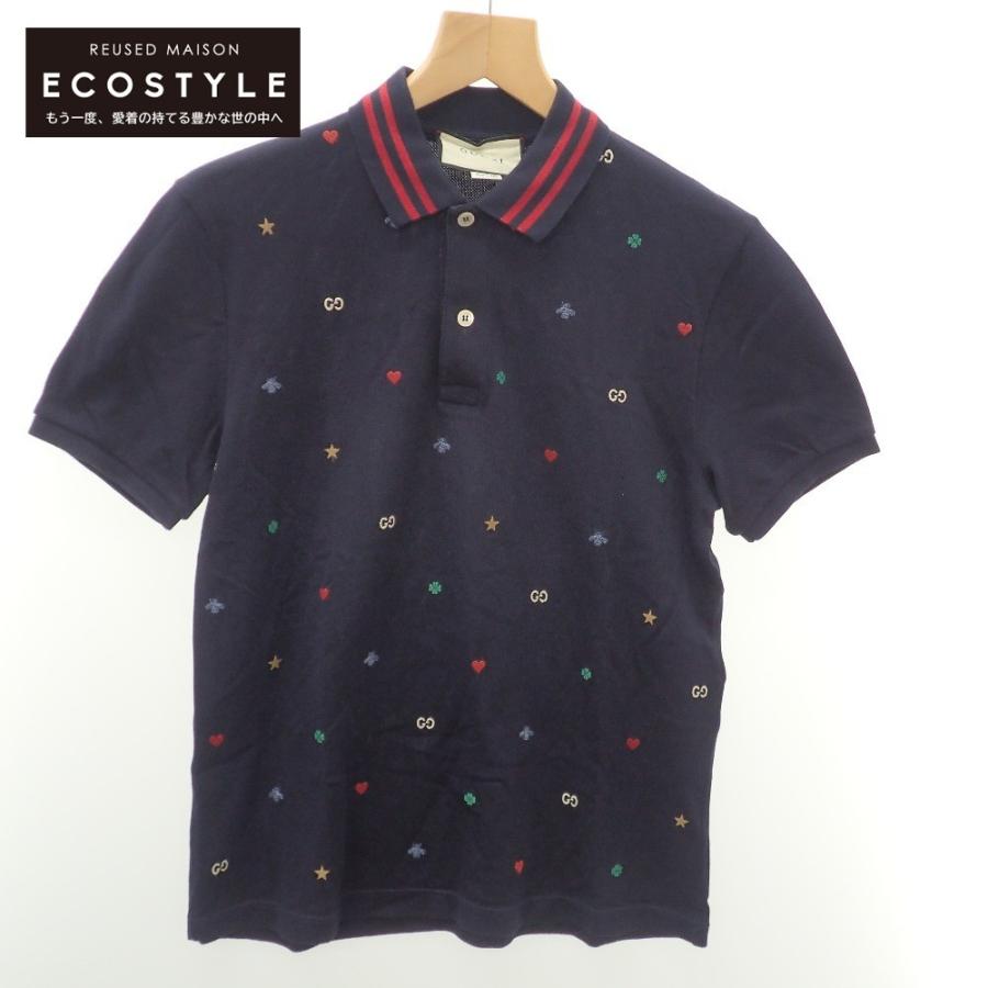 GUCCI 襟刺繍入り半袖ポロシャツ ネイビー-