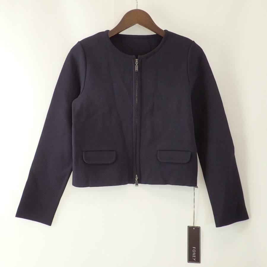 新品同様/ FOXEY フォクシー 42844 URBAN STANDARD ジップアップ ノーカラー ニット ジャケット 40 ネイビー レディース