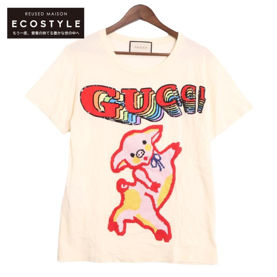 GUCCI（グッチ） イエロー 492347 スパンコールロゴ×子豚 Tシャツ オフ