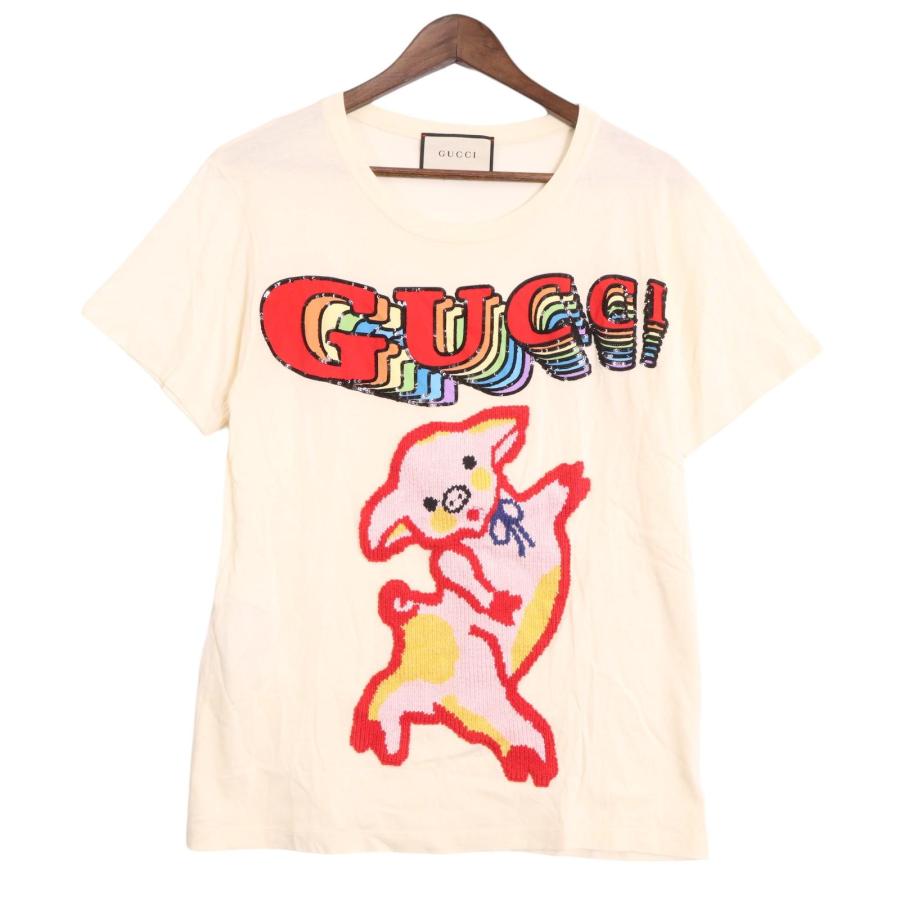 GUCCI（グッチ） イエロー 492347 スパンコールロゴ×子豚 Tシャツ オフ