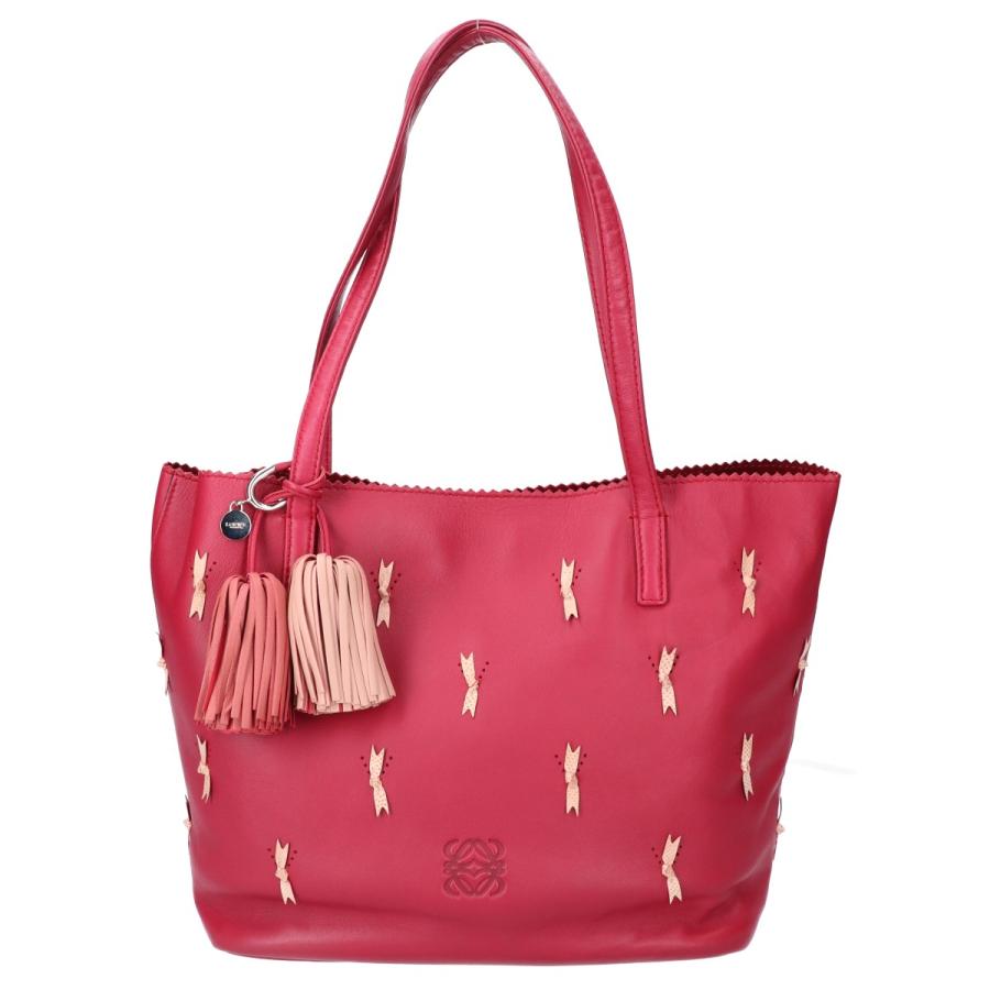 LOEWE ハンドバッグ トートバッグ 手提げ ナッパレザー コーラルピンク LOEWE 美品 ロエベ リボンモチーフ ナッパレザー リミテッド トート