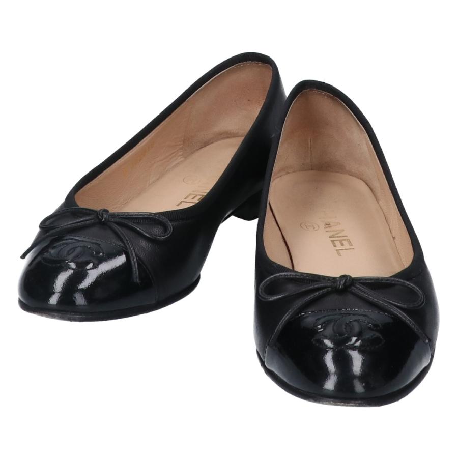 シャネル ココマーク フラットシューズ 36.5 ブラック パテント×スエード CHANEL（シャネル） 美品/ A02819 レザーxパテント ココマーク